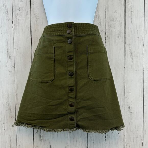 Madewell Kale Green Stretch Raw Hem  Button Fly A-Line Mini Skirt Plus Size 14 - Picture 4 of 16